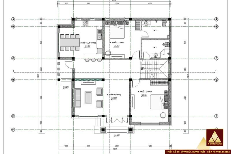 Mặt bằng công năng tầng 1 với 2 phòng ngủ, khách, bếp rộng rãi