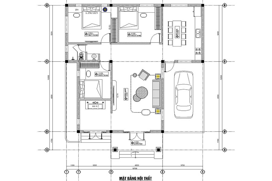 Mặt bằng bố trí công năng với phòng khách rất rộng, 3 phòng ngủ, 1 phòng thờ, 1 phòng bếp ăn riêng.