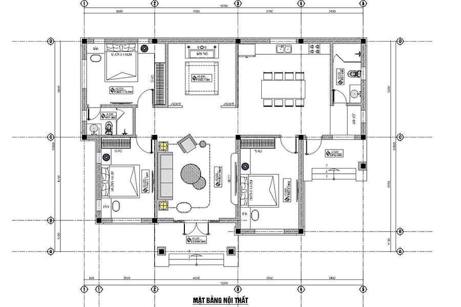 Mặt bằng nội thất với 3 phòng ngủ rộng rãi, phòng khách và bếp được thiết kế liên thông với nhau, phòng thờ riêng biệt