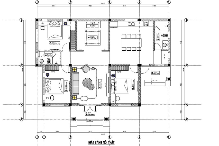 Mặt bằng nhà mái thái 1 tầng 3 phòng ngủ, 1 phòng khách, phòng thờ, phòng bếp ăn