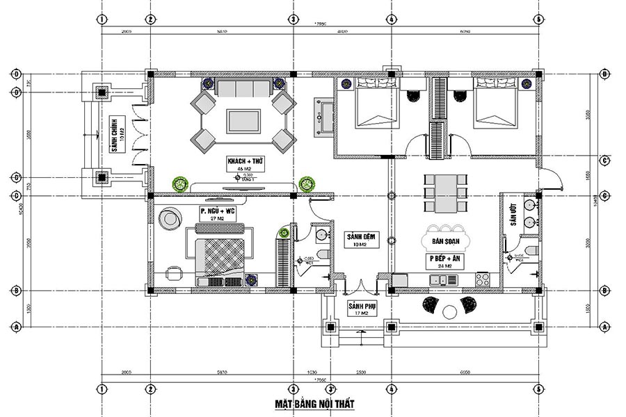 Mặt bằng công năng nội thất, kích thước 10x18, thiết kế gồm 3 ngủ, phòng khách+thờ, phòng bếp ăn, 2 WC