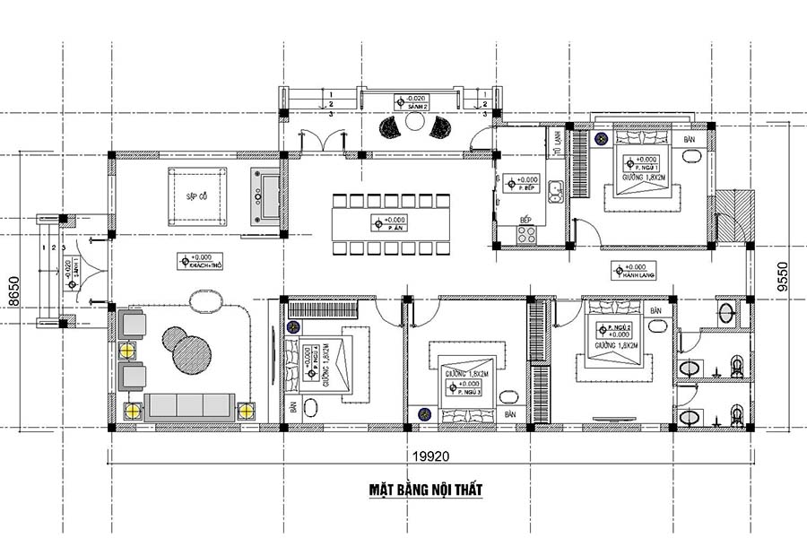 Mặt bằng công năng mẫu nhà mái thái 1 tầng 4 phòng ngủ chú Trình