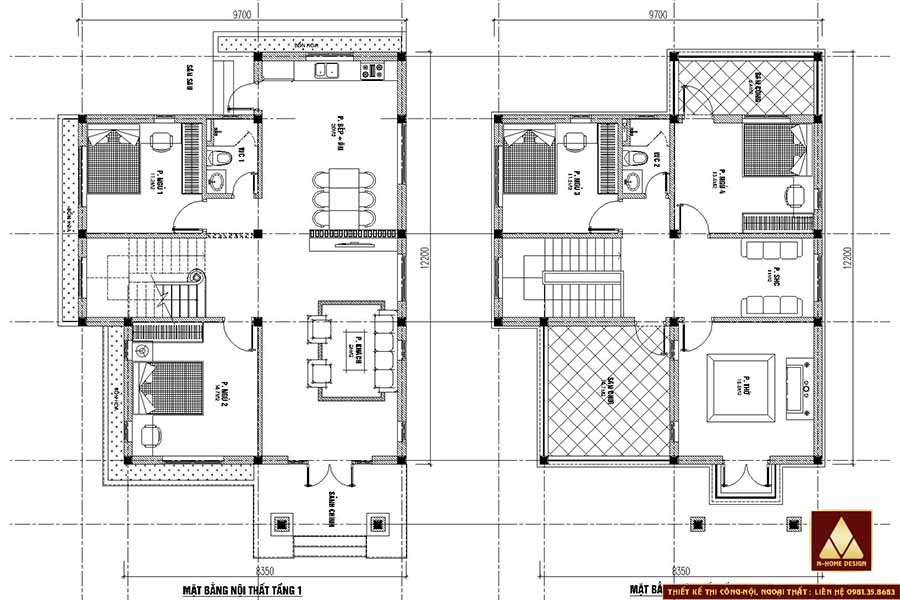 Bố trí công năng tầng 1+2 mẫu nhà mái thái 2 tầng 4 phòng ngủ có 2 phòng ngủ ở tầng 1