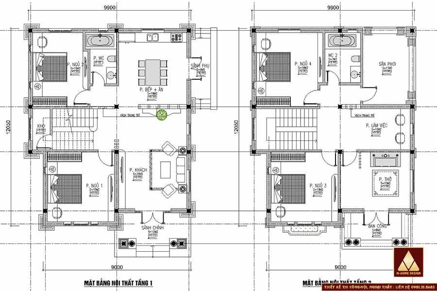 mặt bằng nội thất tầng 1 + 2 với các phòng có diện tích rộng rãi