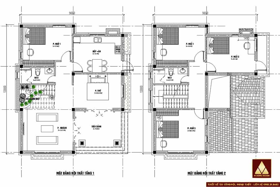 Mặt bằng bố trí công năng tầng 1+2