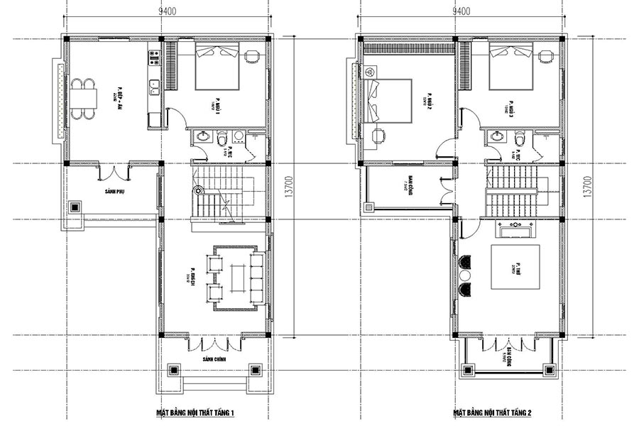 Mặt bằng nội thất tầng 1+2 với các phòng ngủ , khách, bếp ăn, thờ rộng rãi