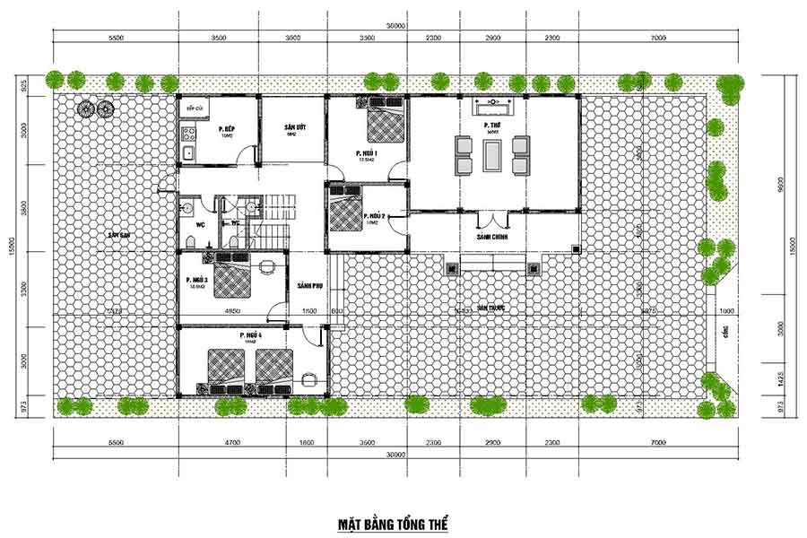 Mặt bằng nội thất mẫu 5-nhà mái thái 2 tầng chữ L ở nông thôn