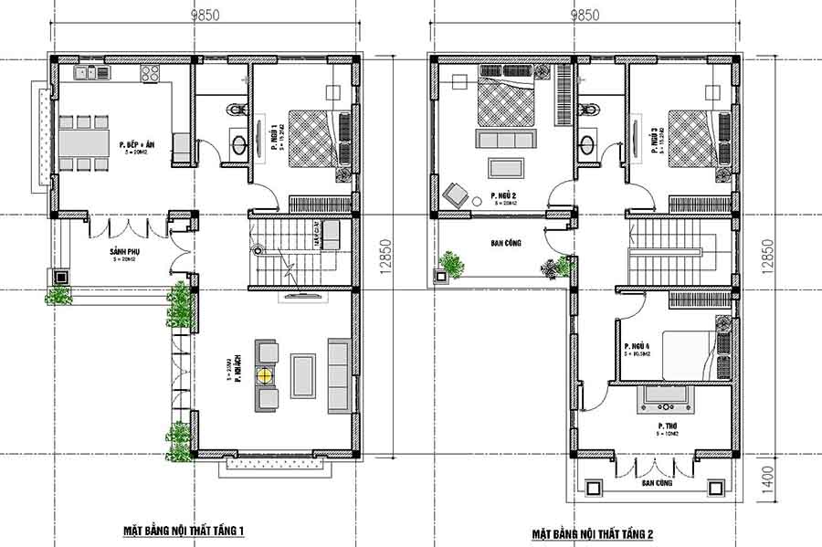 Mặt bằng nội thất tầng 1 và tầng 2 mẫu 1 nhà chữ L 2 tầng mái thái