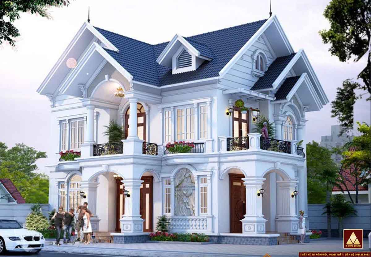 Phối cảnh tổng thể nhà mái thái 2 tầng tân cổ điển 2 mặt tiền với chi tiết phào chỉ trang trí đẹp