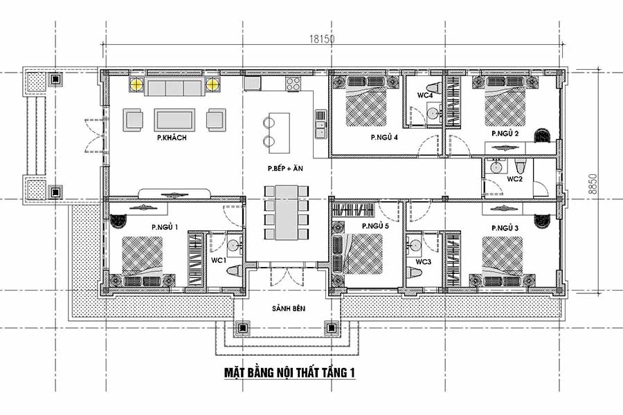 Mặt bằng công năng tầng với thiết kế 5 phòng ngủ tối ưu công năng