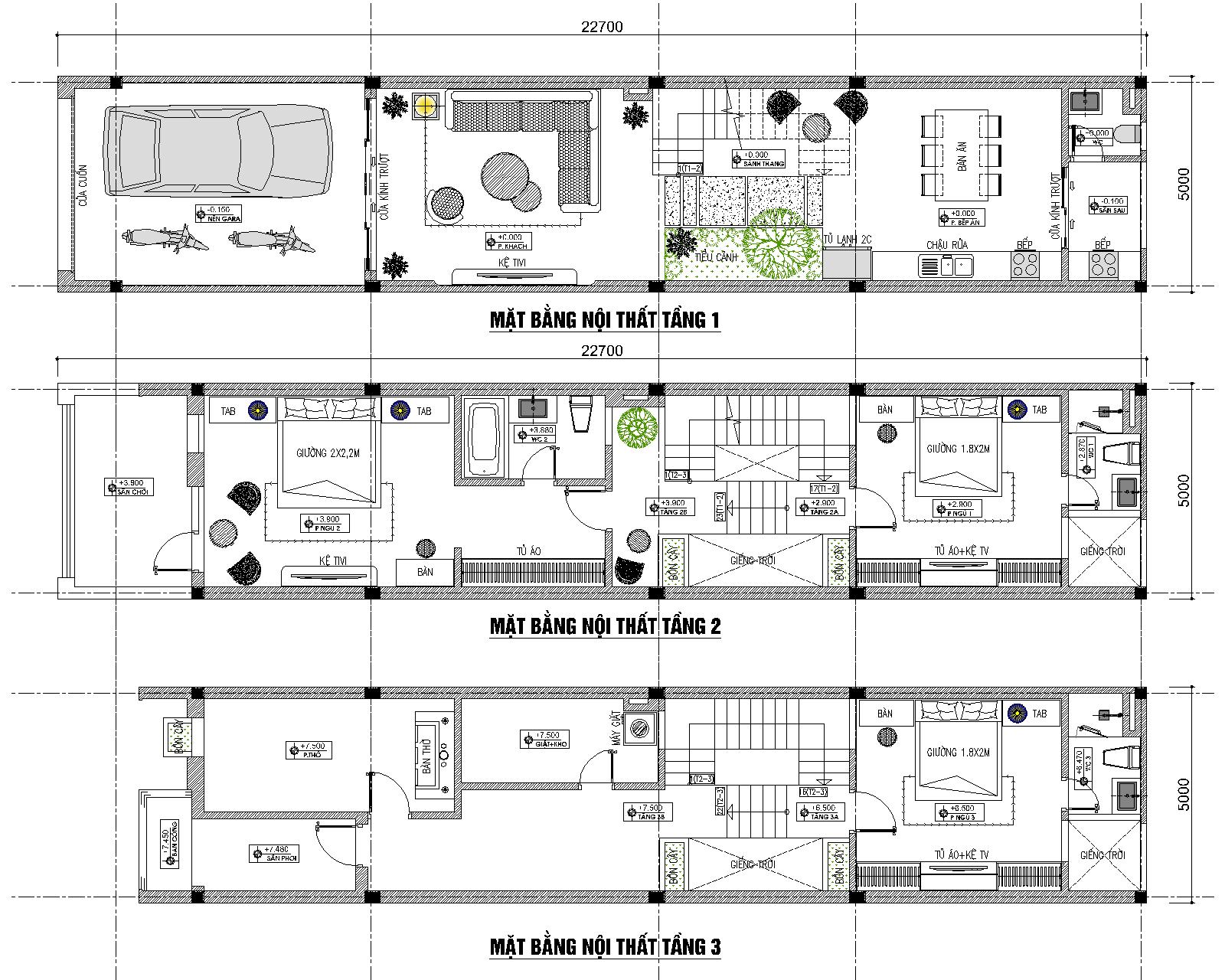 Mặt bằng nội thất nhà 3 tầng mái thái ngang 5m hiện đại 5x22