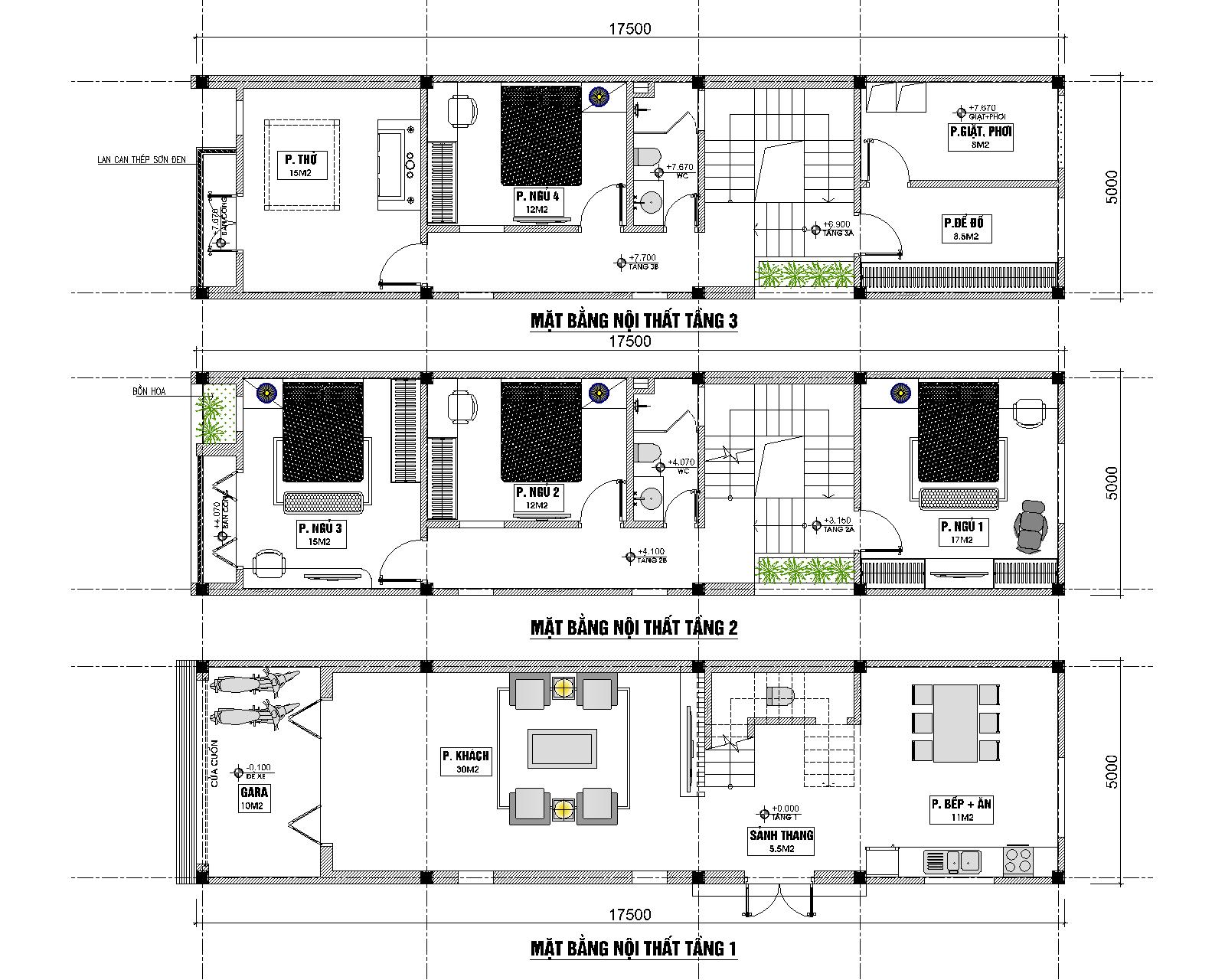 Mặt bằng tầng 1+2+3 nhà mái thái 3 tầng ngang 5m