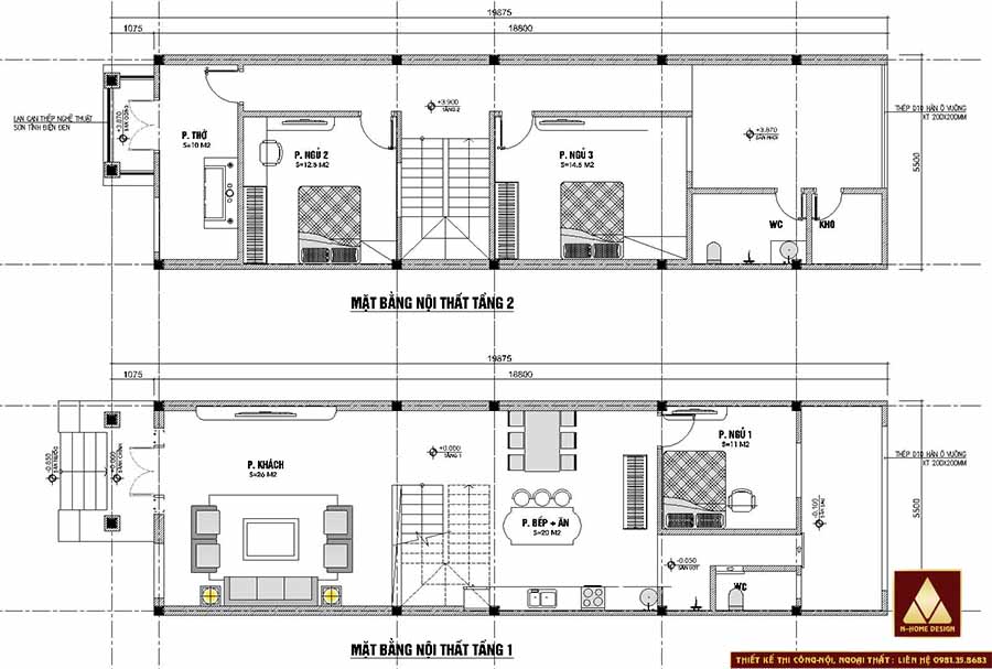 Mặt bằng bố trí công năng tầng 1+2 với thiết kế tổng cộng 3 phòng ngủ