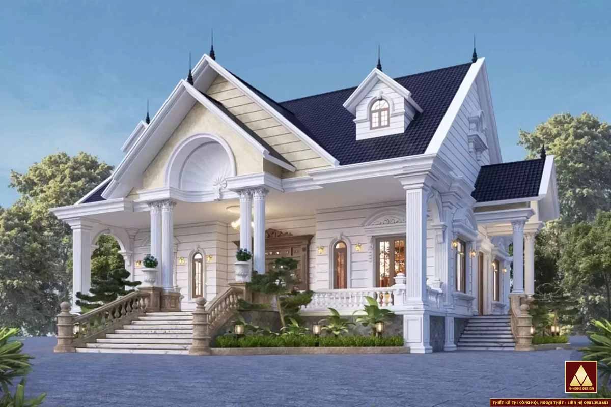 nhà vườn tân cổ điển mái thái 1 tầng, diện tích 180m2, công năng gồm 3 phòng ngủ, phòng khách, bếp ăn, phòng thờ