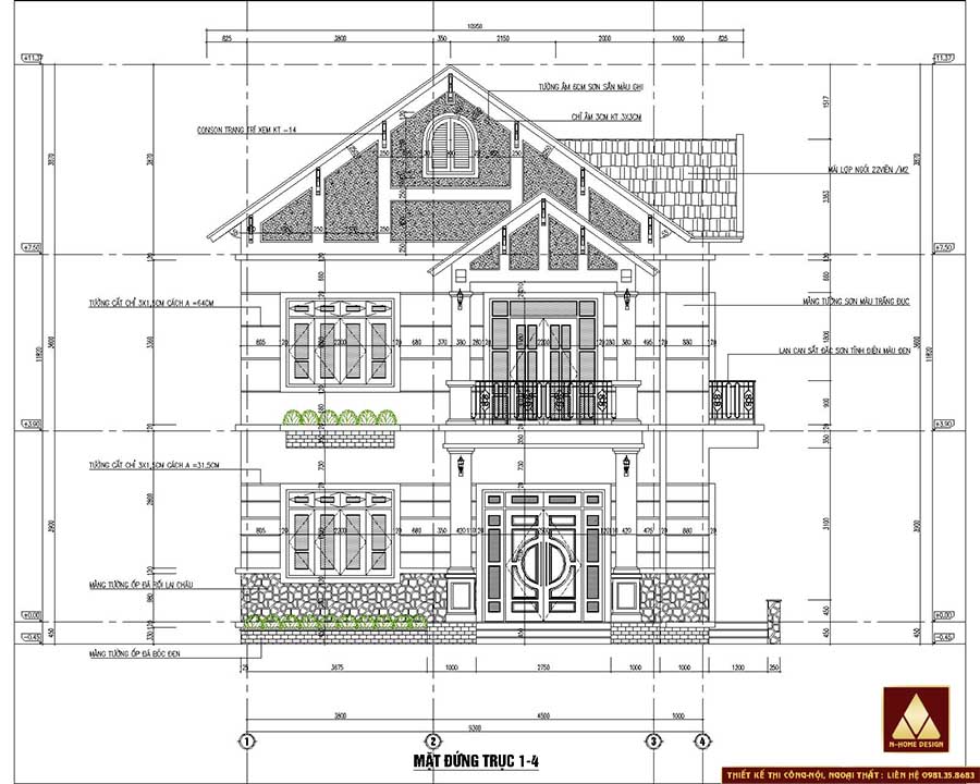 Chi tiết mặt đứng mẫu nhà 2 tầng 90m2