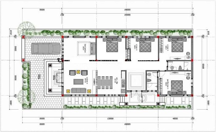 Mặt bằng bố trí công năng, thiết kế với phòng khách+thờ phía trước, phòng ngủ+bếp ăn nằm phía sau nhà