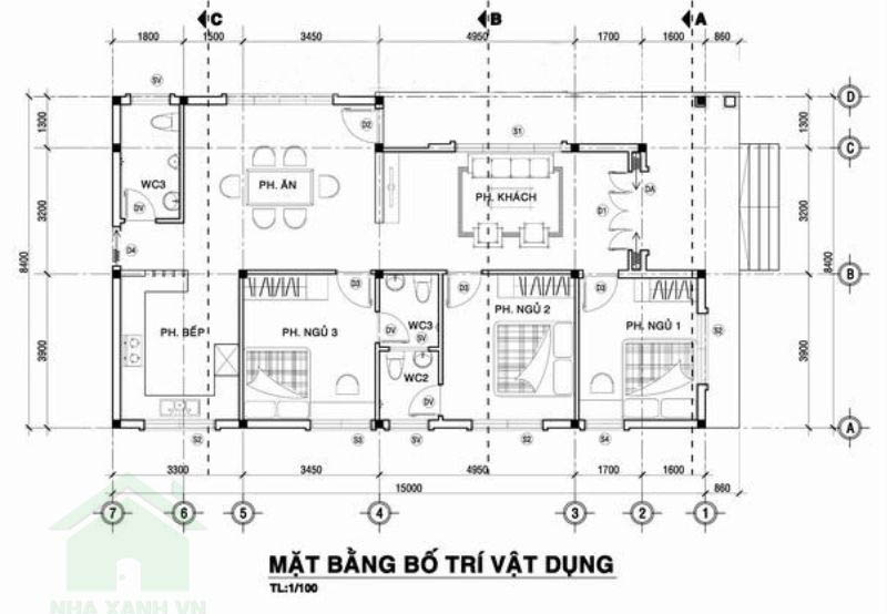 Bản vẽ mặt bằng nhà mái thái 8x15m với thiết kế 3 phòng ngủ, 3 WC, phòng khách, phòng bếp, phòng ăn riêng