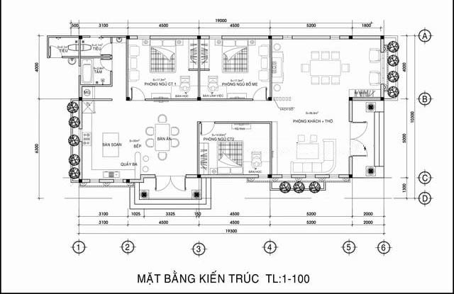 Bản vẽ mặt bằng nhà mái thái 8x19m. Phòng khách phòng thờ được thiết kế phía trước và liên thông với sau. Không gian sau sẽ dùng để cho phòng ngủ và phòng bếp ăn rộng lớn