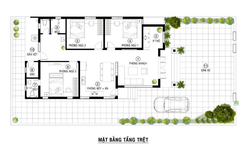 Bản vẽ mặt bằng nhà 1 tầng ngang 8m mái thái. Thiêt kế theo lối hiện đại tối giản, chú trọng ưu tiên công năng