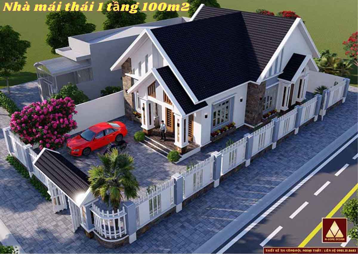 nhà mái thái 1 tầng 100m2 có 3 phòng ngủ