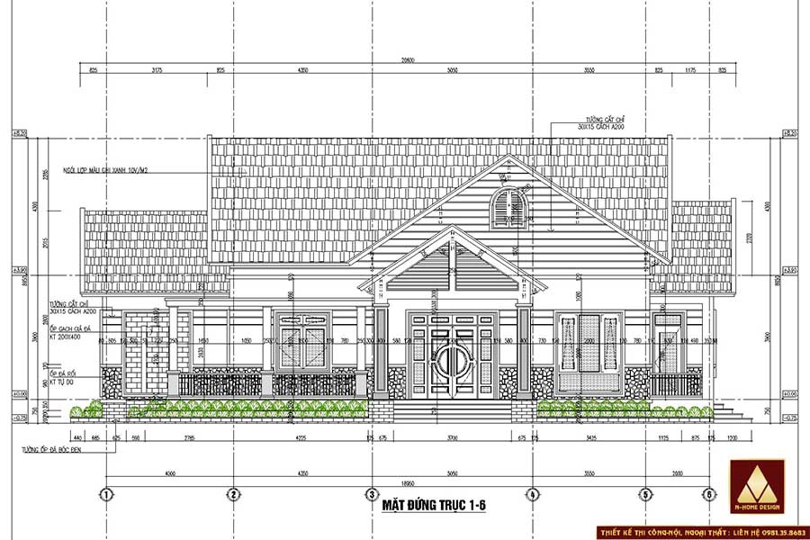 Chi tiết bản vẽ mặt đứng, tầng 1 thiết kế trần cao +3.9m